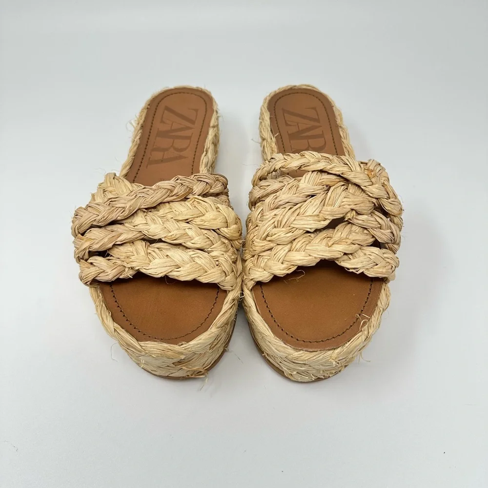 Zara Natural Raffia Platform Wedge Sandals Women's 37 - Picture 5 of 14